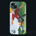 Voetbalspeler die een bal slaat door Jay Throckmor Case-Mate iPhone Case<br><div class="desc">Er hangt een voetbal in de lucht,  wachtend op de vicieuze schop die de speler opwindt om te leveren. Kan hij het buigen als Beckham? Een mooi stuk om op je muur te hangen of als cadeau aan de voetbalmakelaar in je leven te geven!</div>