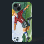 Voetbalspeler die een bal slaat door Jay Throckmor iPhone 13 Hoesje<br><div class="desc">Er hangt een voetbal in de lucht,  wachtend op de vicieuze schop die de speler opwindt om te leveren. Kan hij het buigen als Beckham? Een mooi stuk om op je muur te hangen of als cadeau aan de voetbalmakelaar in je leven te geven!</div>