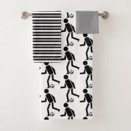 Voetbalspeler met bal en zwarte grijze strepen bad handdoek