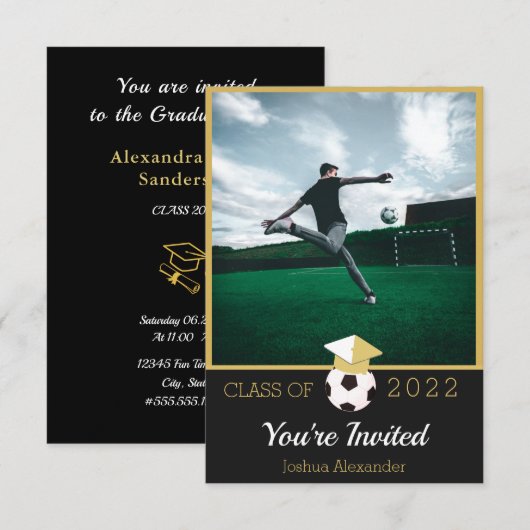 Voetbalspeler Modern Foto afstuderen-uitnodiging Bedankkaart (Voorkant / Achterkant)