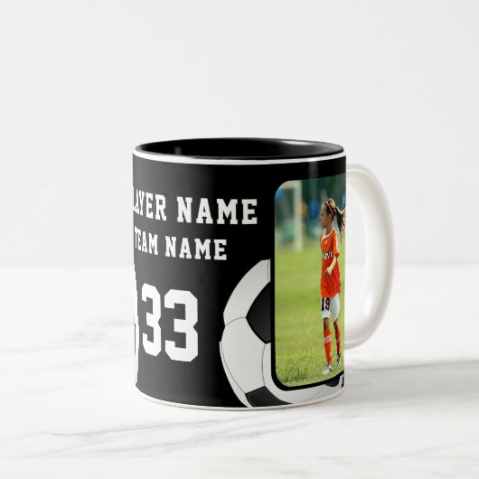 Voetbalspeler Naam Nummer Team 2 Foto's Tweekleurige Koffiemok (Voorkant rechts)