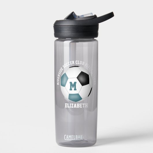 Voetbalteam naam met blauwgroen zwart voetbal waterfles (Links)