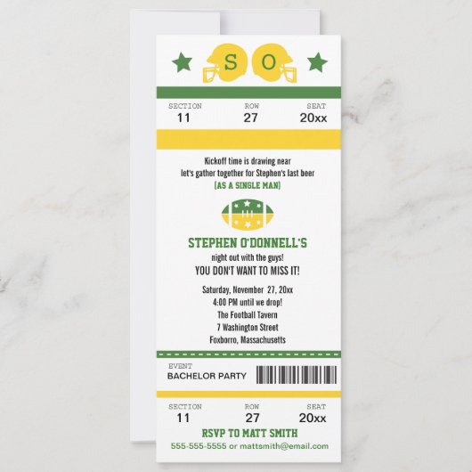 Voetbalticket Vrijgezellenfeest Uitnodiging (Voorkant)