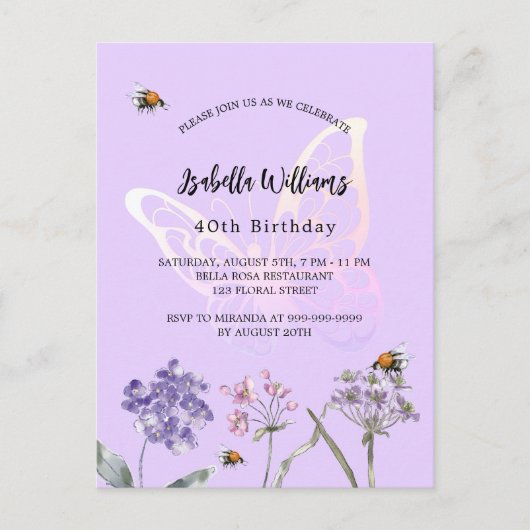 Voetbloemen roze vlinderpartij vlinder uitnodiging briefkaart (Voorkant)