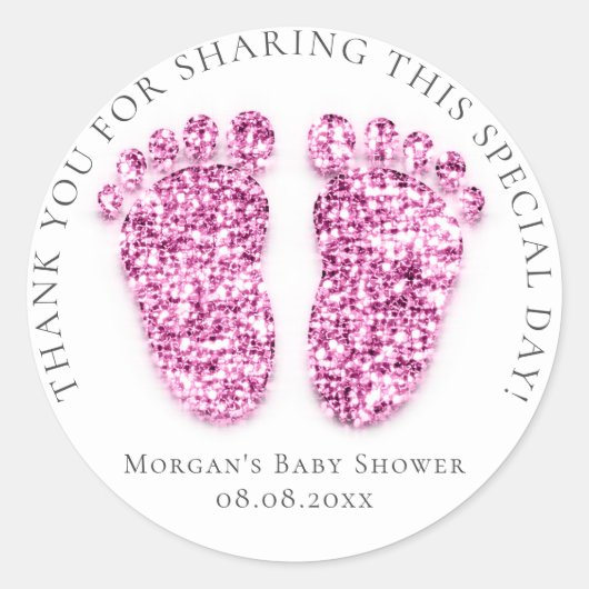 Voeten Baby shower Favor Dank Glitter Roze Wit Ronde Sticker (Voorkant)