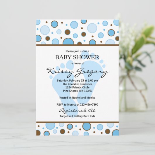 Voeten en Stippen Blue Baby Shower Uitnodigingen (Staand voorkant)