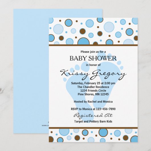 Voeten en Stippen Blue Baby Shower Uitnodigingen (Voorkant / Achterkant)