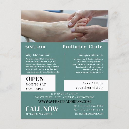 Voetexamen portret, podiatry kliniek, podiatrist flyer (Voorkant)
