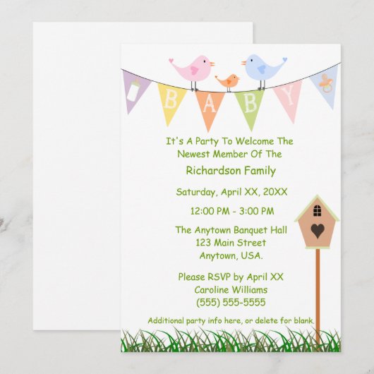 Voethuis en vogels op een Baby-banner Baby shower Kaart (Voorkant / Achterkant)