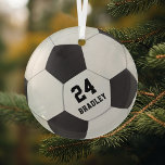 Voettekst Football | Naam Glas Ornament<br><div class="desc">Persoonlijke kerstversiering voor voetbal met een football,  de naam van het kind en het shirt nummer.</div>