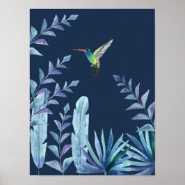 Voetvogel met tropische loof in donkerblauw poster