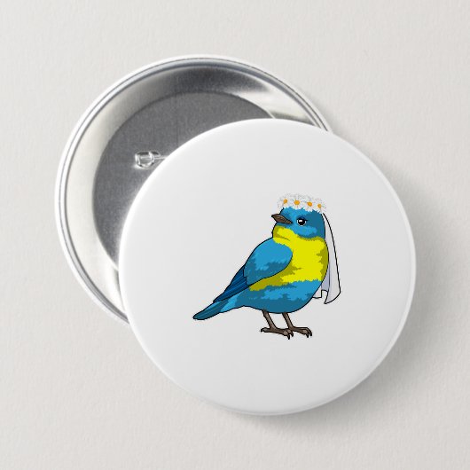 Vogel als bruid met bloemenkrans ronde button 7,6 cm (Voorkant /achterkant)