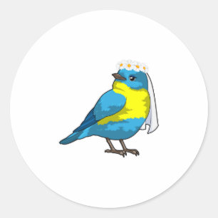 Vogel als bruid met bloemenkrans ronde sticker