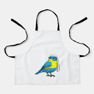 Vogel als bruid met bloemenkrans schort