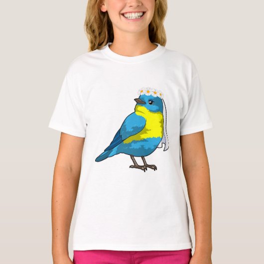 Vogel als bruid met bloemenkrans t-shirt (Voorkant)