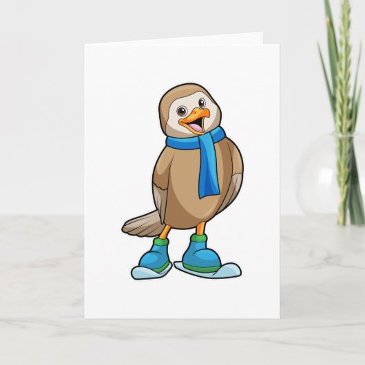Vogel als skiër met ski en sjaal kaart (Voorkant)
