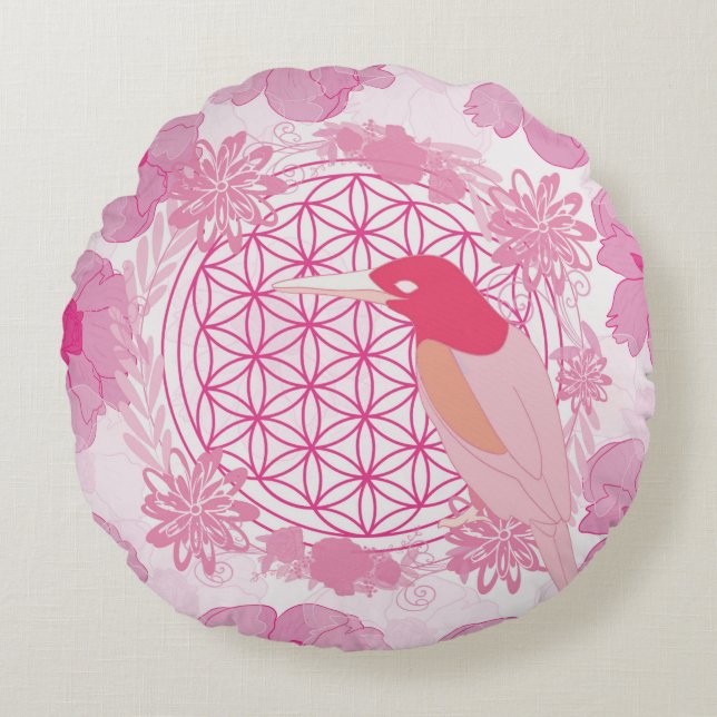 Vogel bloem des levens rond kussen (Voorkant)