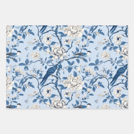 Vogel Bloemen Chinoiserie Blauw Wit Inpakpapier Vel (Voorkant 3)