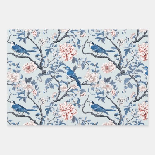 Vogel Bloemen Chinoiserie Blauw Wit Inpakpapier Vel (Voorkant 2)