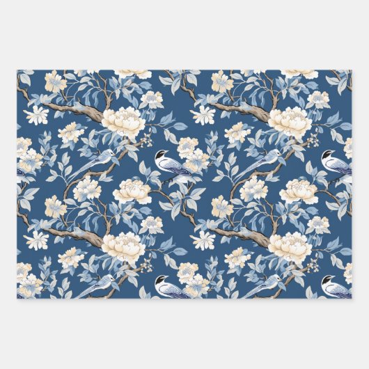 Vogel Bloemen Chinoiserie Blauw Wit Inpakpapier Vel (Voorkant)