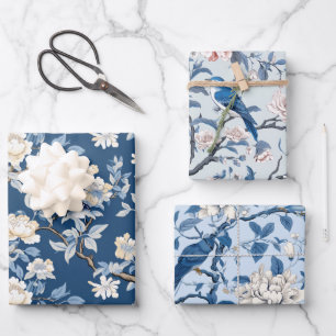 Vogel Bloemen Chinoiserie Blauw Wit Inpakpapier Vel
