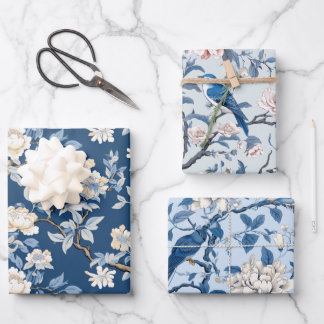 Vogel Bloemen Chinoiserie Blauw Wit Inpakpapier Vel