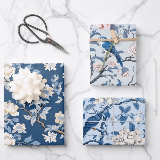 Vogel Bloemen Chinoiserie Blauw Wit Inpakpapier Vel (Voorkant)