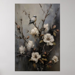 Vogel Bomen Antieke Olie Schilderij, Vintage Poster