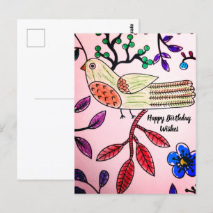 VOGEL BOOM ROZE ORANJE BLAUW     Kleurboek Ansicht Briefkaart