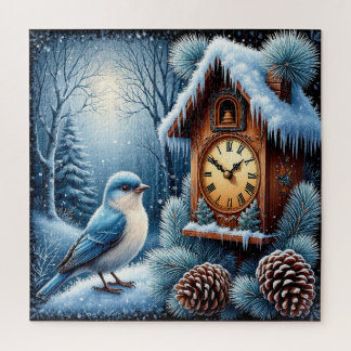 Vogel, dennenappels en houten klok legpuzzel