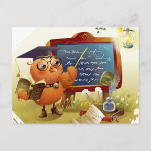 Vogel die een boek houden en bij een bord briefkaart