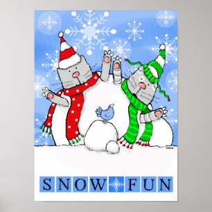 Vogel die twee katten kijkt, probeer Snowman te bo Poster