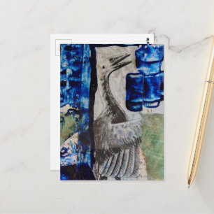 Vogel Dino Blauwe Verf Mixed Media Collage Briefkaart