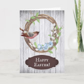 Vogel, eieren en krans op schuurhout, vrolijk Pase Feestdagen Kaart (Voorkant)