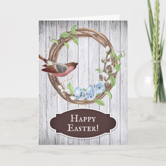 Vogel, eieren en krans op schuurhout, vrolijk Pase Feestdagen Kaart (Voorkant)