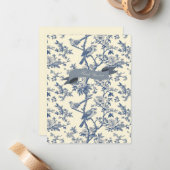 Vogel Elegant Blauw Toile Pioenbloem Notitiekaartje (Voorkant / Achterkant in situ)
