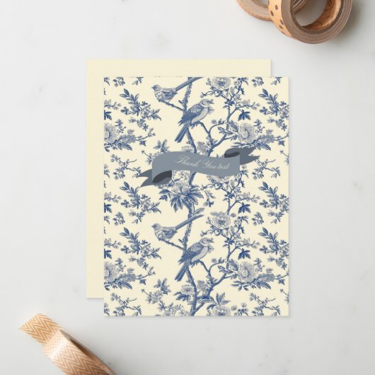 Vogel Elegant Blauw Toile Pioenbloem Notitiekaartje (Voorkant / Achterkant in situ)