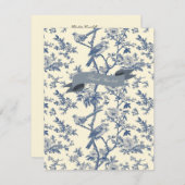 Vogel Elegant Blauw Toile Pioenbloem Notitiekaartje (Voorkant / Achterkant)