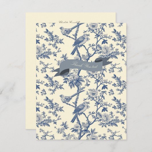 Vogel Elegant Blauw Toile Pioenbloem Notitiekaartje (Voorkant / Achterkant)