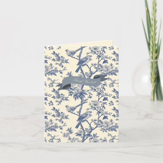 Vogel Elegant Blauw Toile Pioenbloem Notitiekaartje (Voorkant)