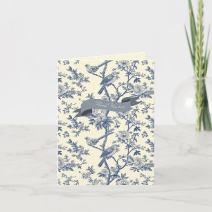 Vogel Elegant Blauw Toile Pioenbloem Notitiekaartje