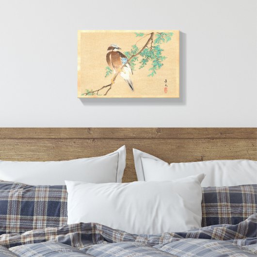 Vogel en Bloem, Euraziatische Jay en Chinese Arbor Canvas Afdruk (Insitu (Slaapkamer))