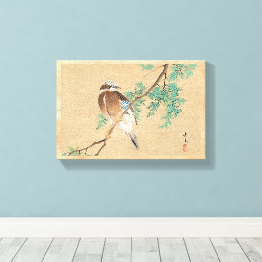 Vogel en Bloem, Euraziatische Jay en Chinese Arbor Canvas Afdruk (Insitu (Houten vloer))
