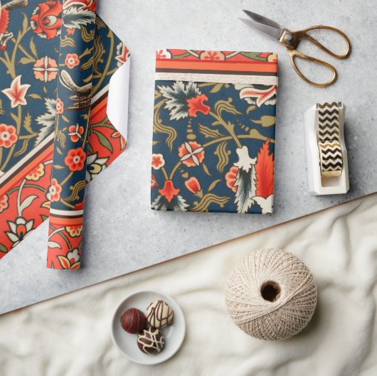 Vogel en bloem Perzisch blauw rood patroon Cadeaupapier (Crafts)