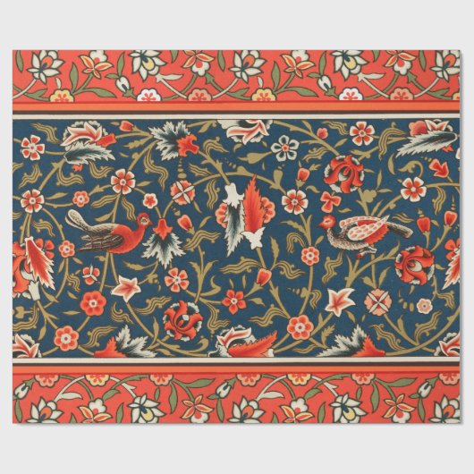 Vogel en bloem Perzisch blauw rood patroon Cadeaupapier (Vlak)