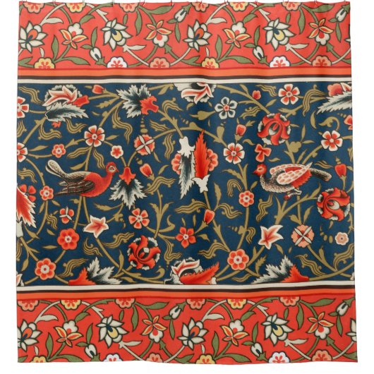 Vogel en bloem Perzisch blauw rood patroon Douchegordijn (Voorkant)