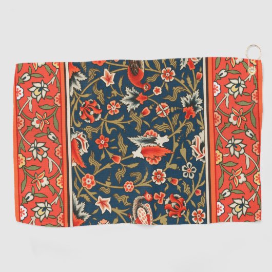 Vogel en bloem Perzisch blauw rood patroon Golfhanddoek (Horizontaal)