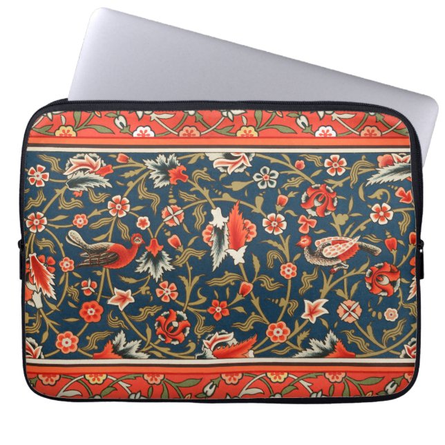 Vogel en bloem Perzisch blauw rood patroon Laptop Sleeve (Voorkant)