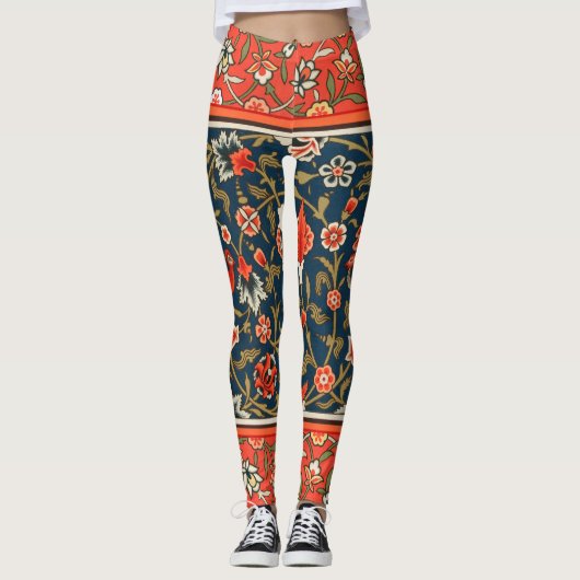 Vogel en bloem Perzisch blauw rood patroon Leggings (Voorkant)