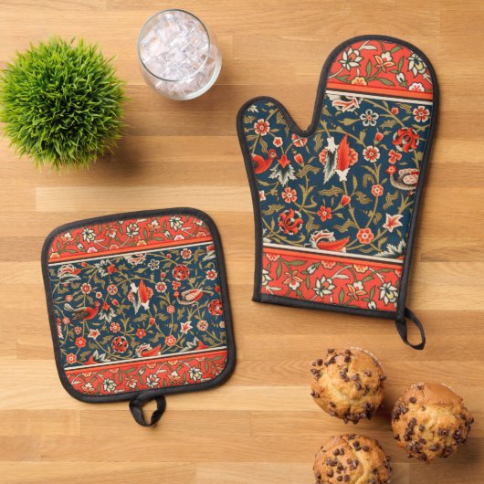 Vogel en bloem Perzisch blauw rood patroon Ovenwant & Pannenlap Set (Top down)